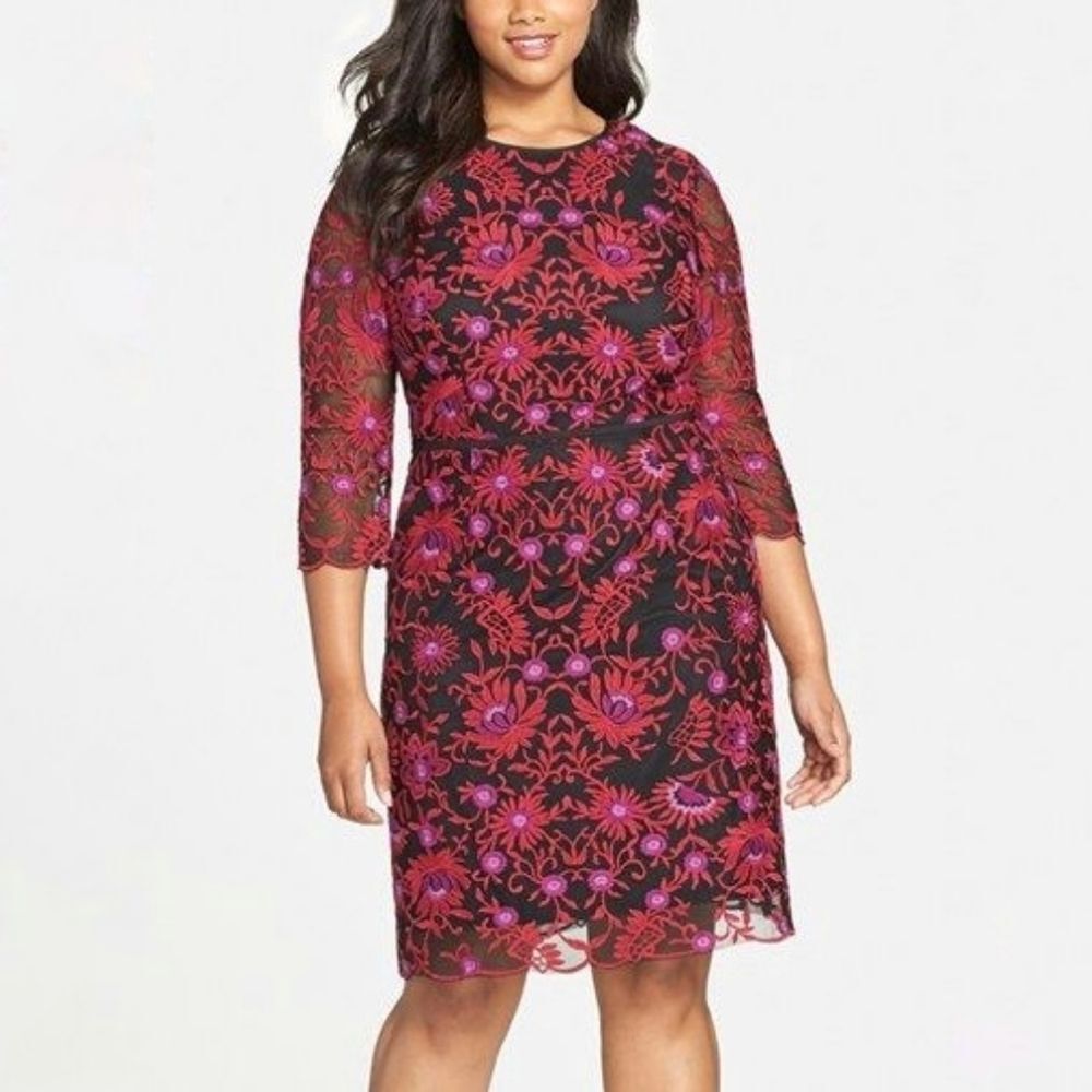 Adrianna Papell Floral Embroidered Sheath Faux Belted 3/4 Sleeve Dress  Magenta